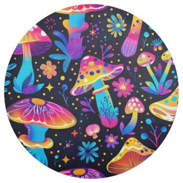 Imagem de Conjunto de 1 tapete de mesa preto colorido cogumelos, 38 cm, lavável, jogo americano de PVC, redondo, para mesa de jantar, mesa de cozinha