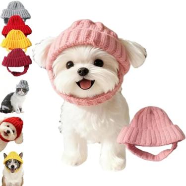 Imagem de Gorro de malha vermelha para cães com abas de orelha – Chapéu quente de inverno para animais de estimação com orifícios para orelhas, elástico macio para cães e gatos pequenos (rosa, tamanho único)