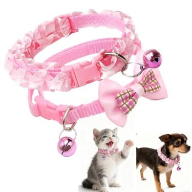 Imagem de Coleira de cachorro com sino, coleira de cachorro rosa com laço, xícara de chá ajustável para XXS Xs pequenos cães gatos animais de estimação pequenas fêmeas, rosa + roxo