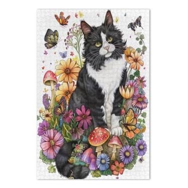 Imagem de Quebra-cabeças fofos com flores de gato e borboletas, 500 peças, quebra-cabeças trippy para adultos, jogos de família