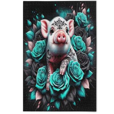 Imagem de Quebra-cabeça de porco fofo com flores turquesa 500 peças para adultos, presentes de elefantes brancos para a família, presentes criativos divertidos para adultos, pintura de animais fofos, 500 peças