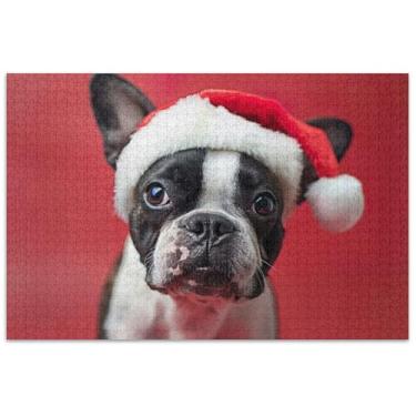 Imagem de Quebra-cabeça fofo de cachorro Boston Terrier Papai Noel 500 peças para adultos elefante branco decoração de pintura de brinquedo adulto