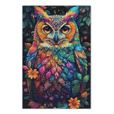 Imagem de Quebra-cabeça colorido de coruja de 1000 peças para adultos, quebra-cabeça familiar com letras nas costas