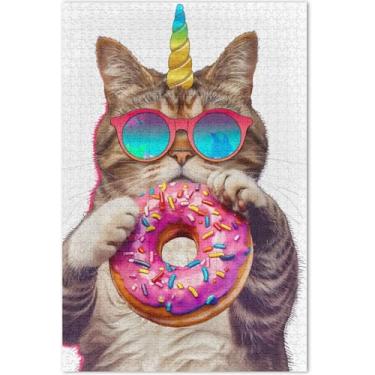 Imagem de Quebra-cabeças engraçados de gato unicórnio donut 500 peças para adultos pintura artística quebra-cabeças difíceis elefante branco