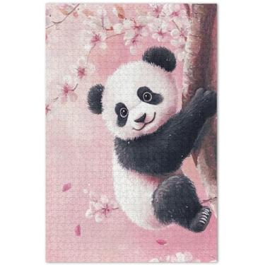 Imagem de Quebra-cabeça fofo com flores de pêssego panda 500 peças para adultos, presentes de elefantes brancos, arte divertida, quebra-cabeça de arte, pintura de paisagem, 51 x 35 cm