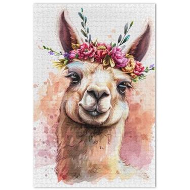 Imagem de Quebra-cabeça com coroa de flor de lhama feliz 1000 peças para adultos quebra-cabeça presentes quebra-cabeça cena de outono arte pintura de brinquedo