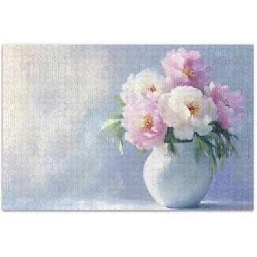 Imagem de Quebra-cabeças de 1000 peças com estampa de flores rosa pastel para adultos elefante branco divertido brinquedo adulto cenário arte floral, 75 x 40 cm