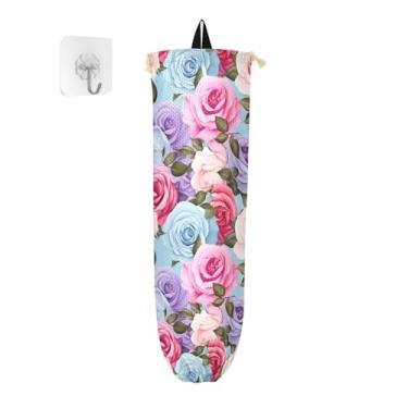 Imagem de Organizadores de sacolas plásticas azuis de rosas em aquarela, suportes de saco de plástico, organizador de armazenamento de sacos para cozinha