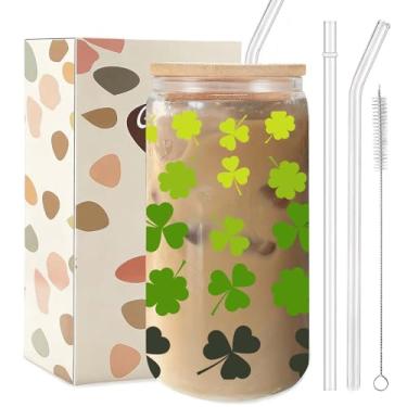 Imagem de TAGDANK Copo de vidro verde trevo 473 ml, presente de Dia de São Patrício com tampa de plástico e canudos, copo de bebida com tema da sorte, decoração de festa para amigos e família