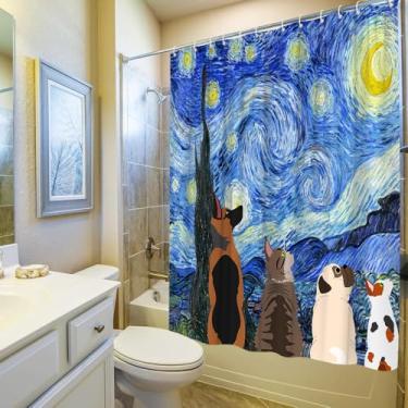 Imagem de Cortina de chuveiro tema noite estrelada animal cão e gato relógio a noite arte abstrata pintura a óleo estilo banheiro acessórios banheira tecido poliéster com gancho 70Lx70H polegadas