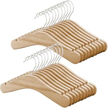 Imagem de Cabides de madeira para crianças, pacote com 20, cabides infantis de madeira natural de 24 cm com gancho giratório de 360° antiferrugem, cabides de madeira com acabamento suave para armário