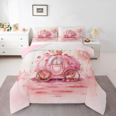 Imagem de jejeloiu Conjunto de cama de princesa macio para meninos e meninas, castelo rosa, tamanho casal, fofo, edredom de microfibra, kawaii, decoração de quarto, branco e rosa, 3 peças com 2 fronhas