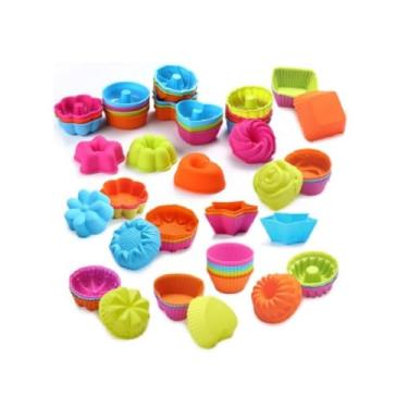 Imagem de Formas Forminhas Silicone Cupcake Muffin Bolo Formatos Coloridas Kit com 6 ou 12 Peças (1 Kit Quadrado,6)