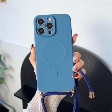 Imagem de Capa de celular macia com alça de cordão para iPhone 16, 15, 11, 12, 13, 14 Pro Max, 8, 7 Plus, XS, XR, capa magnética para carregamento sem fio, azul, para iPhone 16 Plus