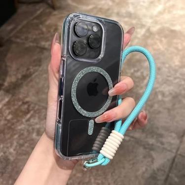 Imagem de Capa magnética transparente com alça de pulso para iPhone 14, 15, 16 Plus, 11, 12, 13, 16 Pro Max, capa transparente com glitter brilhante, verde D, para iPhone 16 Plus