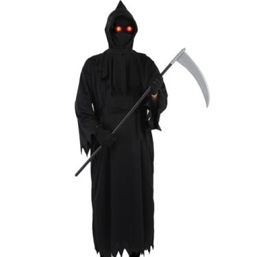 Imagem de MOAMDAUT 6 peças de fantasia de Halloween do Ceifador para adultos, conjunto de roupão assustador sem rosto com luvas, óculos, cinto, foice, roupa de cosplay masculina e feminina (GG)