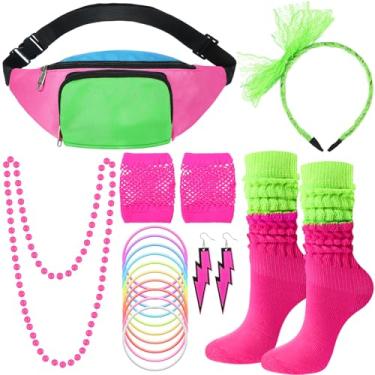 Imagem de Handepo Conjunto de 19 peças de acessórios de fantasia dos anos 80 neon retrô anos 80 pochete faixa de cabelo luvas arrastão pulseira brincos colar meias, Cor vibrante, One Size