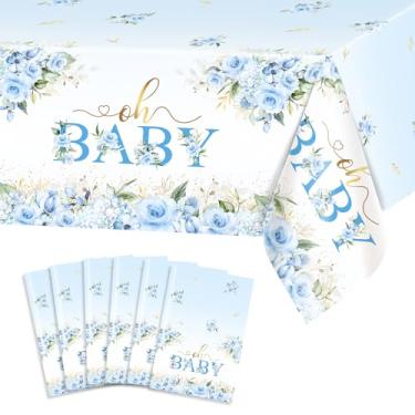 Imagem de Avezano 6 peças de toalha de mesa de chá de bebê azul floral Oh Baby toalhas de mesa de plástico descartáveis, 278 x 137 cm, decorações de festa de chuveiro azul para meninos, gils gênero netural