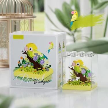 Imagem de Estatueta de pássaro encantadora em poleiro floral (papagaio amarelo-verde ensolarado) - Ornamento de papagaio em miniatura colecionável