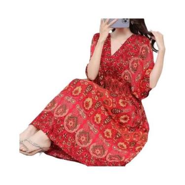 Imagem de Vestido Midi Vintage Boêmio Floral Com Decote Em V E Cintura Elástica 