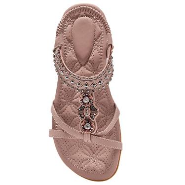 Imagem de Sandália feminina confortável para caminhada, antiderrapante, casual, verão, praia, vestido, tornozelo, elástico, com joias, sapatilha boêmia, Rosa-escuro, 11