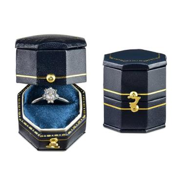 Imagem de TAIMY Caixa de anel de casamento estilo vitoriano clássico, caixa de anel de presente feita à mão tamanho de bolso pequena caixa de joias de lembrança (azul, octógono)