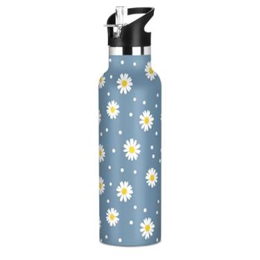 Imagem de Joisal Garrafas de água isoladas de 590 ml com tampa e alça de palha, garrafa de água esportiva a vácuo de parede dupla infantil, copos infantis de aço inoxidável sem BPA, margaridas brancas azul