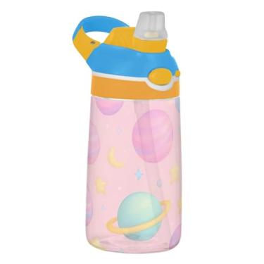 Imagem de Garrafa de água infantil Pastel Planets Stars Pink com canudo 473 ml, 473 ml, garrafa de água de plástico Tritan à prova de vazamento, copo infantil portátil, reutilizável, alça de transporte