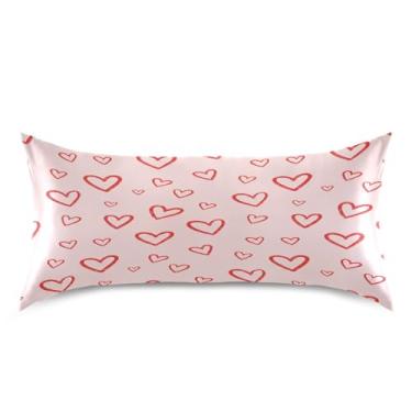 Imagem de Blueangle Fronha de cetim refrescante para cabelo e pele, capa de travesseiro de coração vermelho dos namorados, tamanho king 50,8 x 101,6 cm com fecho de envelope (840)