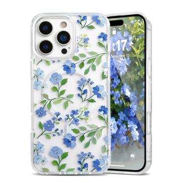 Imagem de EYZUTAK Capa magnética para iPhone 15 Pro com flores compatível com MagSafe, bonita floral elegante estética capa protetora fina transparente antiamarelamento para meninas e mulheres - azul
