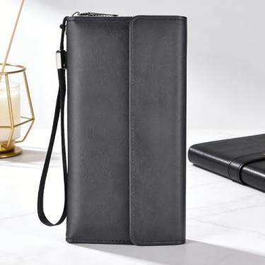 Imagem de Carteira masculina de negócios preta com zíper vertical, cor sólida, sensação de couro legítimo, design de zíper vertical executivo em cor sólida com sensação de couro genuíno e durabilidade