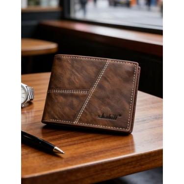 Imagem de Carteira masculina dobrável de couro, dobrável executiva atemporal (café escuro)