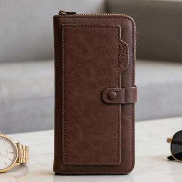 Imagem de Carteira masculina, carteira de couro com design moderno com botão de pressão e zíper, recurso seguro e organizador de grande capacidade para transporte moderno (mogno)