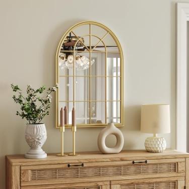 Imagem de MYOTA Espelho de parede arqueado dourado - Espelho de painel de janela de 61 cm x 91 cm para decoração de parede com moldura de metal, espelhos com moldura dourada com detalhes decorativos para sala
