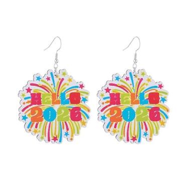 Imagem de Brincos brilhantes de feliz ano novo com pingente de bola com glitter chapéu de cálice de fogos de artifício brinco com pingente de festa de ano novo 2026 para mulheres, Zinco, Cristal