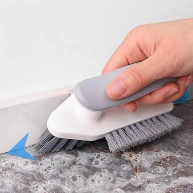 Imagem de Escova de limpeza de argamassa 4 em 1 com arranhões, limpador de argamassa em forma de V para pisos de azulejo, banheiro, canto, rodapé, cozinha, chuveiro com cerdas duras (branco) (branco e cinza)