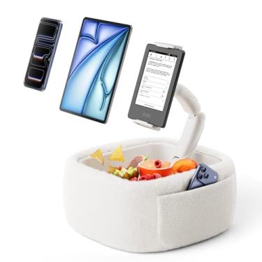 Imagem de LULULOOK Travesseiro Kindle ultra fofo para leitura, suporte de travesseiro para tablet com tigela de lanche e braço dobrável compatível com iPad, telefone e tablet de 4,7 a 13 polegadas para leitura