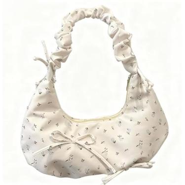 Imagem de Bolsa feminina plissada com laço floral na nuvem, bolsa tiracolo simples casual nas axilas, Branco, Medium, Mochila casual