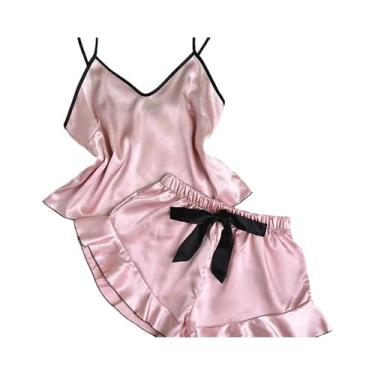 Imagem de Pijama Feminino de Cetim com Decote V, Babados e Shorts com Laço, BR-M