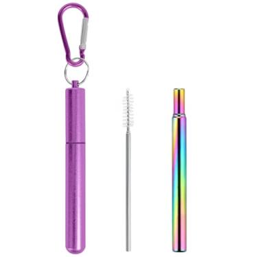 Imagem de 1 pacote de canudos de aço inoxidável, canudos de metal reutilizáveis com estojo, escova de limpeza, chaveiro - Cruise Ship Essentials (roxo)