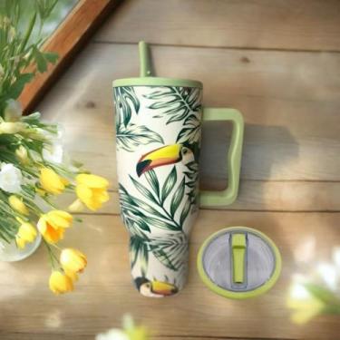 Imagem de Copo Térmico Birds 1200ml | Com 5 Estampas, Canudo e Alça – Garrafa Térmica para Academia e(VERDE,49)
