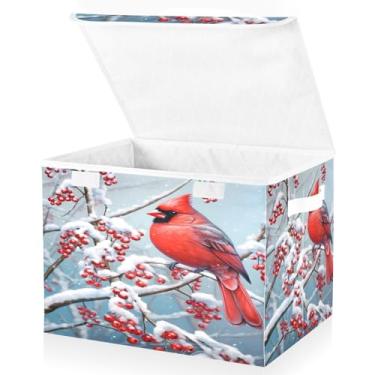 Imagem de Blueangle Cestos de armazenamento cardinal de Natal e inverno com tampas, 42 x 32 x 30 cm, grande cesta organizadora dobrável para decoração de casa e escritório (55)