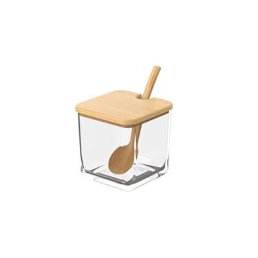 Imagem de Pote de bambu com colher - recipiente para armazenar alimentos -