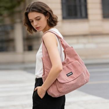Imagem de Bolsa de mão média rosa, textura de veludo cotelê, bolsa de ombro leve e elegante para mulheres compras de supermercado tarefas diárias