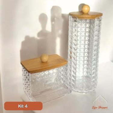 Imagem de Kit Porta Algodão e Cotonetes com Tampa de Bambu Acrílico  Vários Mode