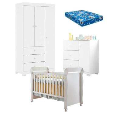 Imagem de Quarto De Bebê Duda 3 Porta E Berço Americano Mirelle Branco Brilho Com Colchão Ortobom