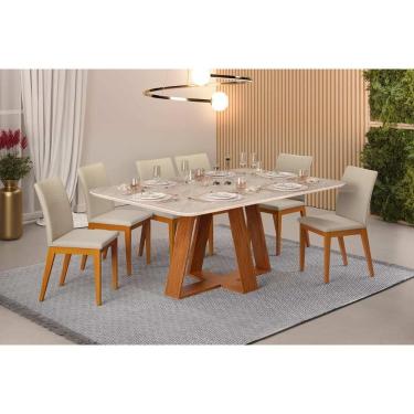 Imagem de Conjunto: Mesa de Cozinha Celeste c/ Tampo Madeirado Retangular 170x90cm e 6 Cadeiras Vitória Freijo/Quartzo - Ipe/Linho Neve - DJ Móveis