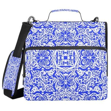 Imagem de SEHANY Fichário de zíper azul e branco com alça de ombro, capacidade para 500 folhas, vários bolsos, fichário com 3 anéis com zíper de 3 cm