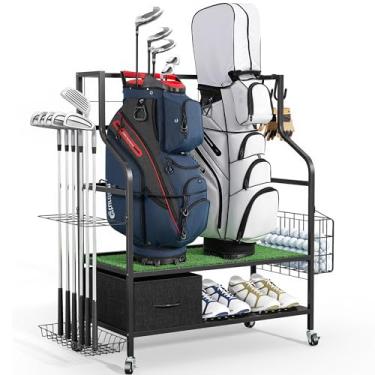 Imagem de Rack organizador de armazenamento de saco de golfe com rodas e gaveta, suporte de bolsa de golfe adequado para 2 bolsas e acessórios de equipamento, rack de armazenamento extra para bolas de tacos de