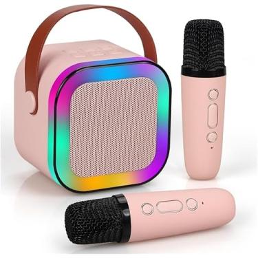 Imagem de Karaokê Infantil com Alto-Falante LED Multicolorido, Dois Microfones Sem Fio, Portátil, Bluetooth, para Crianças (rosa)